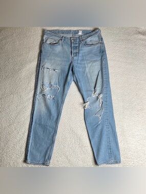H & M Denim Boyfriend Low Waist Button Fly Jeans Distressed Ripped Siz…